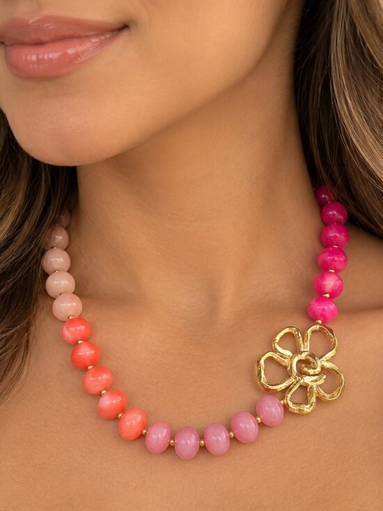 Jewelry - Pink Multicolor Beaded Gold Flower Statement Necklace